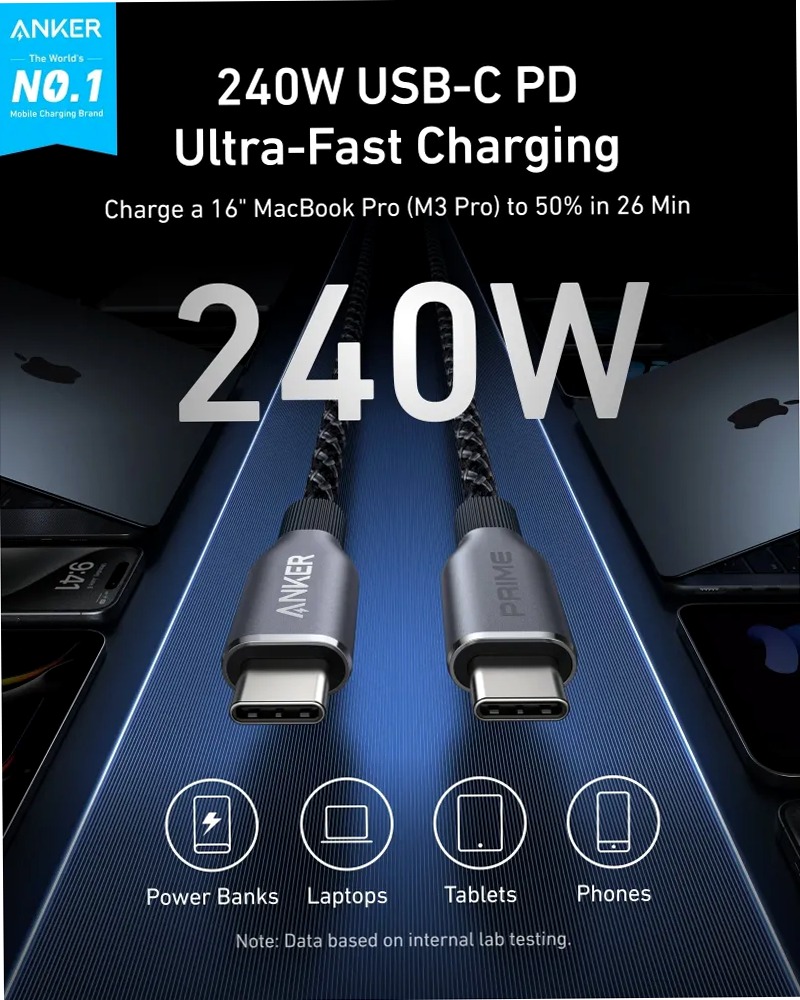Cavo Anker Prime da USB-C a USB-C (240 W, intrecciato riciclato)