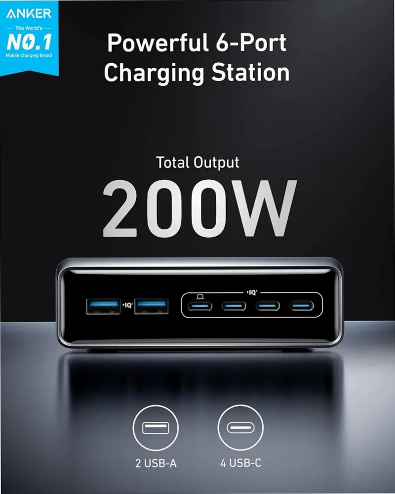 Caricabatterie Anker Prime (200 W, 6 porte, GaN)