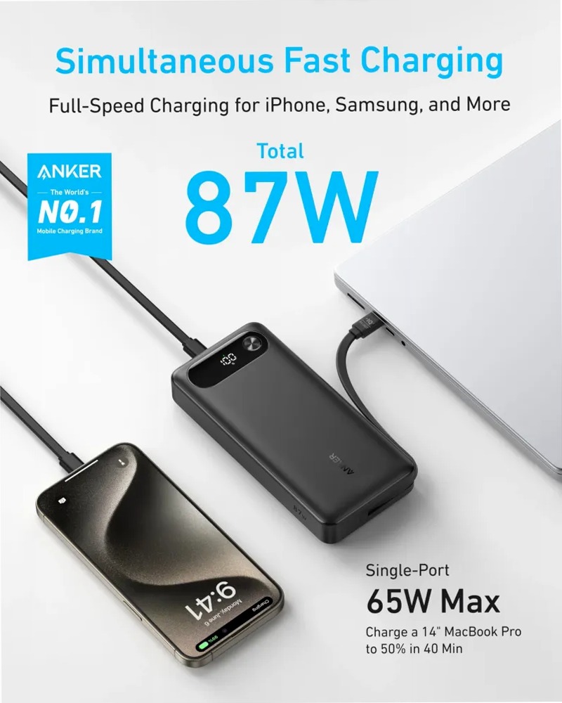 Anker Power Bank (20K, 87W, cavo USB-C integrato)