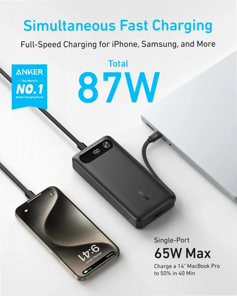 Anker Power Bank (20K, 87W, cavo USB-C integrato)