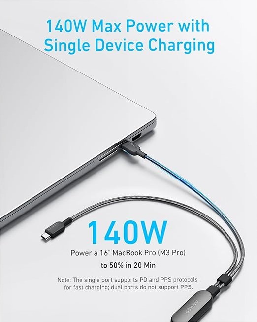 Cavo Anker 2 in 1 da USB-C a USB-C (1,2 m, 140 W, intrecciato)