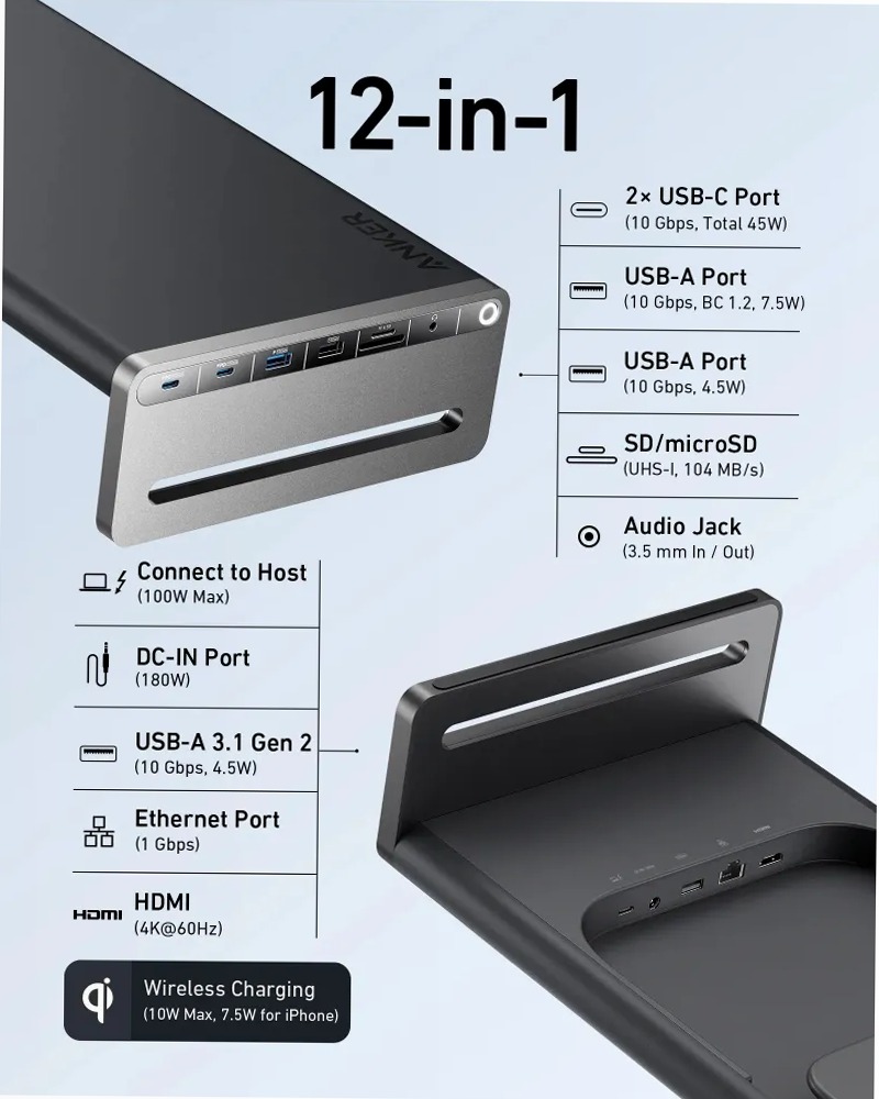 Stazione di docking USB-C Anker 675 (12 in 1, supporto per monitor, wireless)