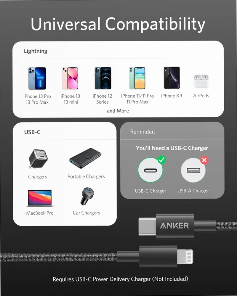 Cavo Anker da USB-C a Lightning 331, nuovo nylon (3,3 piedi, certificato MFi)