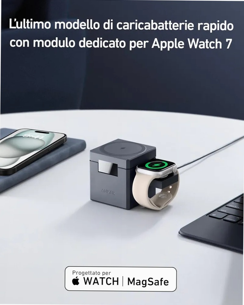 Anker Cubo 3‑in‑1 con MagSafe – Caricatore wireless compatto per iPhone, Apple Watch e AirPods