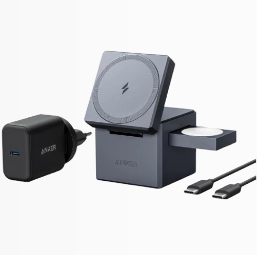 Anker Cubo 3‑in‑1 con MagSafe – Caricatore wireless compatto per iPhone, Apple Watch e AirPods