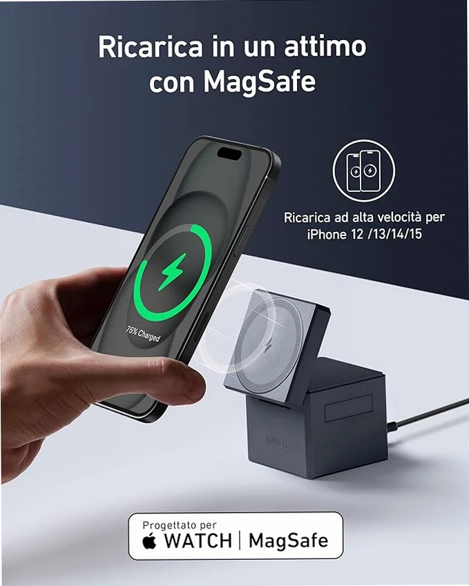 Anker Cubo 3‑in‑1 con MagSafe – Caricatore wireless compatto per iPhone, Apple Watch e AirPods