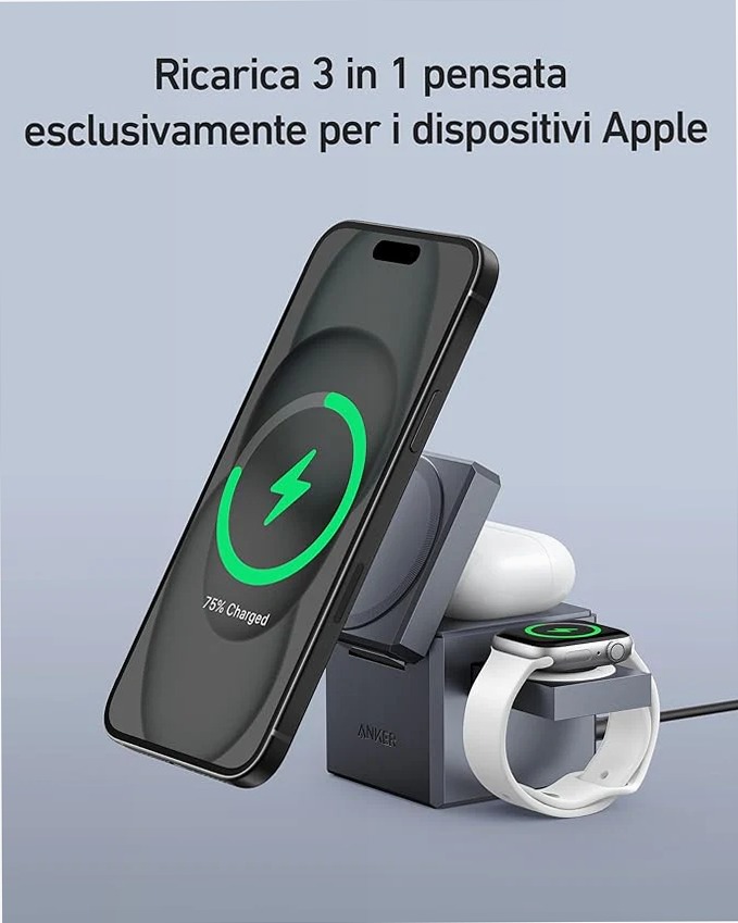 Anker Cubo 3‑in‑1 con MagSafe – Caricatore wireless compatto per iPhone, Apple Watch e AirPods