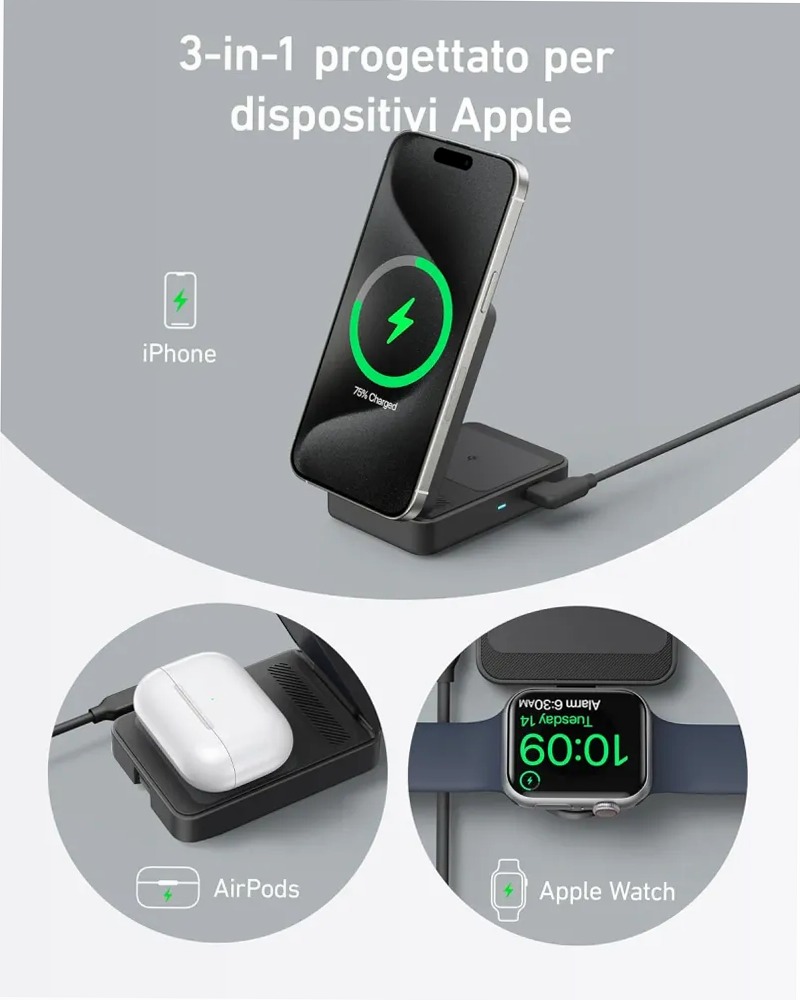 Stazione di ricarica wireless Anker MagGo ricondizionata (3‑in‑1 pieghevole)