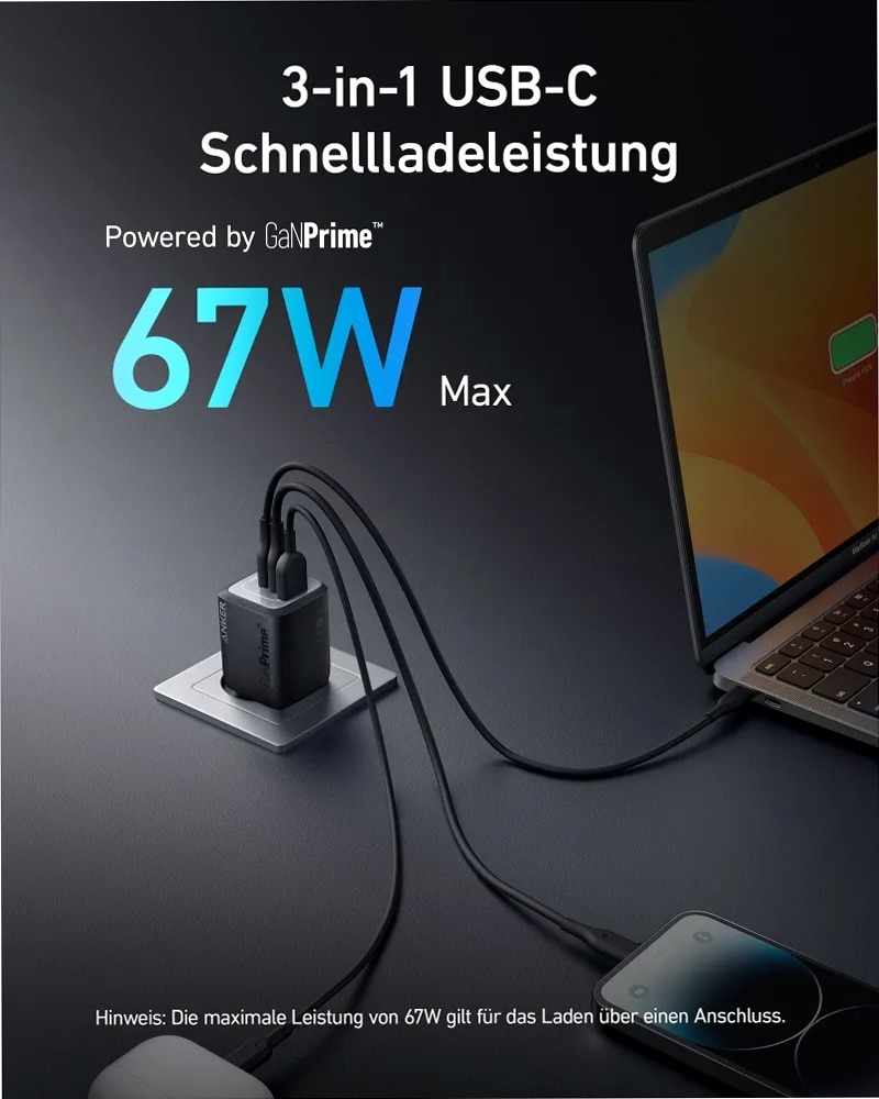 Caricabatterie da muro Anker Prime 67W GaN (3 porte)