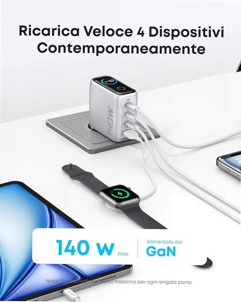 Caricabatterie Anker per laptop (140 W, 4 porte, PD 3.1) con cavo USB-C