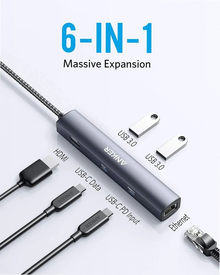 Hub USB-C Anker 543 (6 in 1, sottile)
