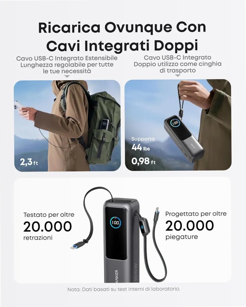 Anker Laptop Power Bank (25K, 165W, cavi integrati e retrattili)