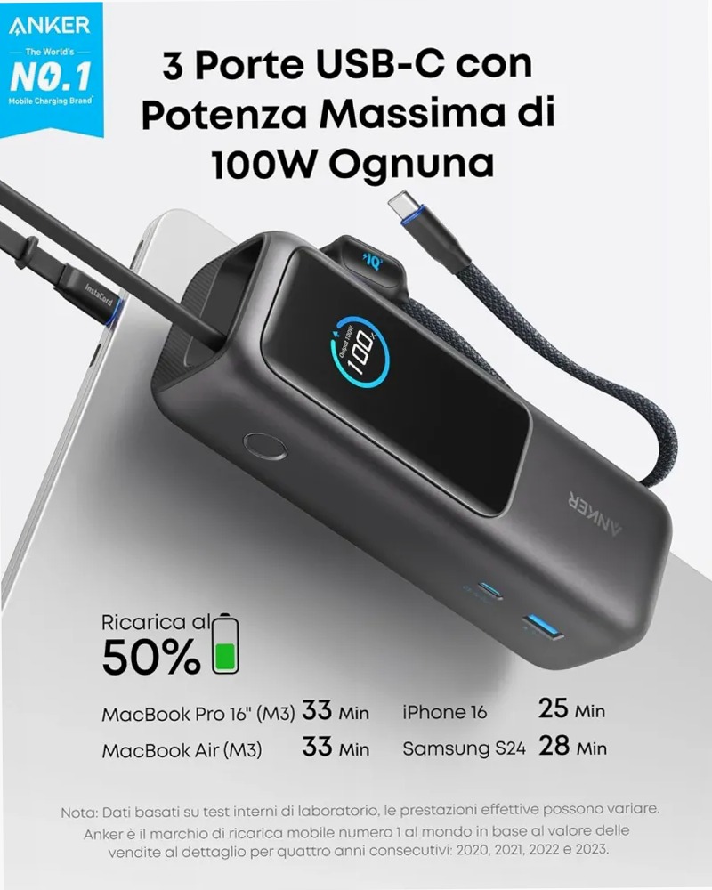 Anker Laptop Power Bank (25K, 165W, cavi integrati e retrattili)