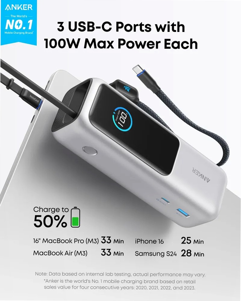 Anker Laptop Power Bank (25K, 165W, cavi integrati e retrattili)