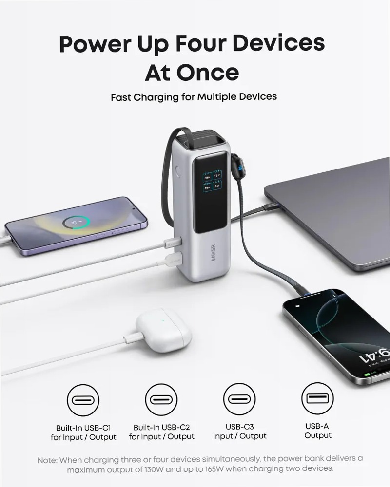 Anker Laptop Power Bank (25K, 165W, cavi integrati e retrattili)