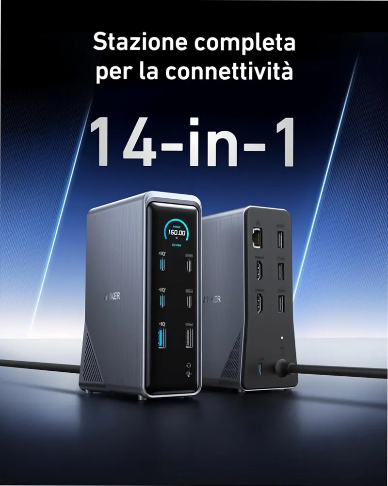 Anker Prime Docking Station di ricarica (14‑in‑1, Doppio Display, 160 W)