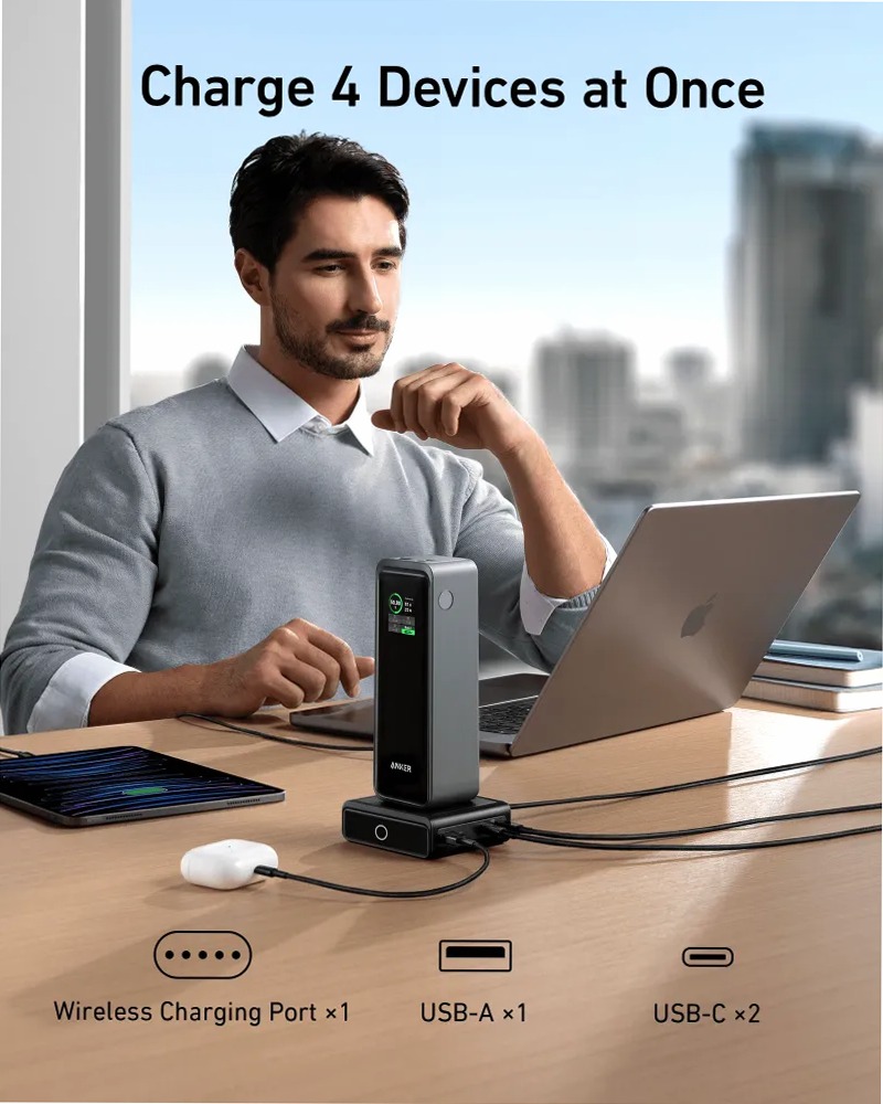 Power bank Anker Prime da 20.000 mAh (200 W)+Base di ricarica Anker da 100 W per Anker Prime Power Bank
