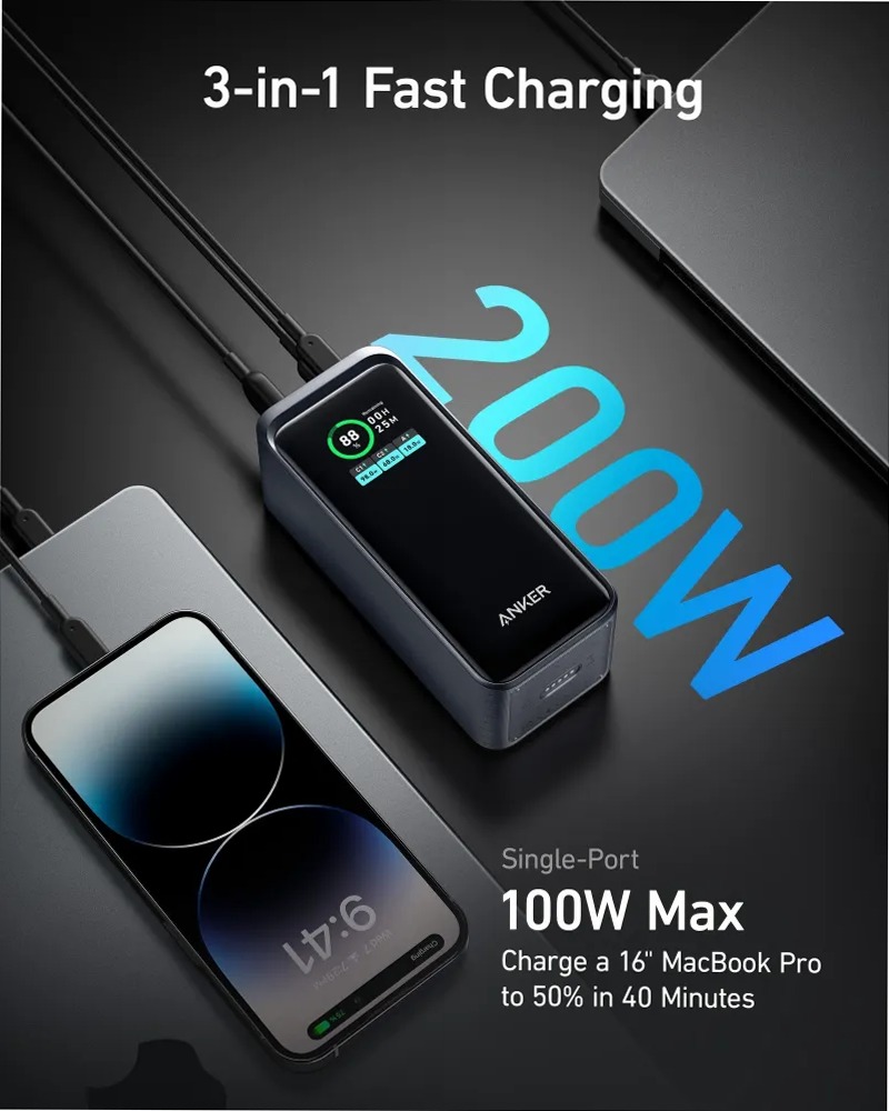 Power bank Anker Prime da 20.000 mAh (200 W)+Base di ricarica Anker da 100 W per Anker Prime Power Bank