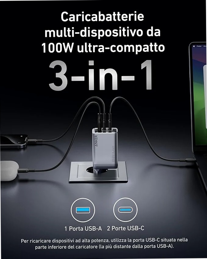 Caricabatterie Anker Prime (100 W, 3 porte, GaN)