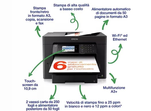 Stampante inkjet wireless multifunzione A3+ WorkForce WF-7840DTWF con inchiostro gratuito per 3 mesi* e abbonamento ReadyPrint* 550fogli 32ppm
