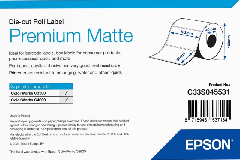 Premium Matte Label - Die-cut Roll: 102mm x 51mm, 650 labels