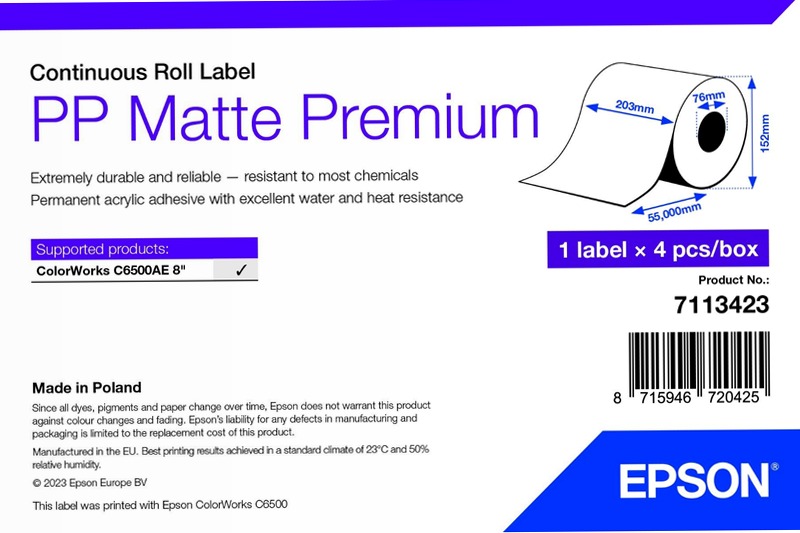 PP Matte Label Premium, Continuous Roll, 210mm x 55m