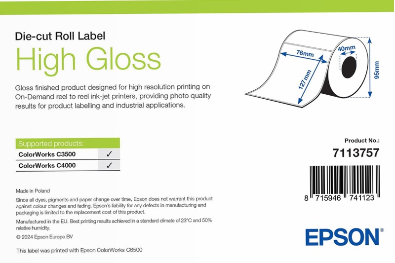 High Gloss Label, Die-Cut Roll, 76mm x 127mm, 250 Labels