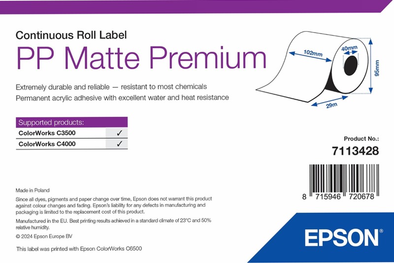 PP Matte Label Premium, Continuous Roll, 102mm x 29m