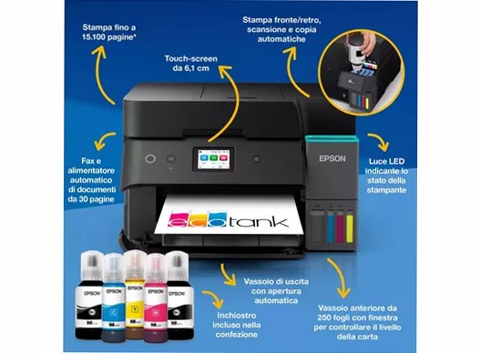 EcoTank ET-4951 Stampante multifunzione A4 Wi-Fi con serbatoi di inchiostro AirPrint con ADF, stampa fronte/retro, scansione, copia e fax, fino a 3 anni di inchiostro inclusi 250fogli 35ppm