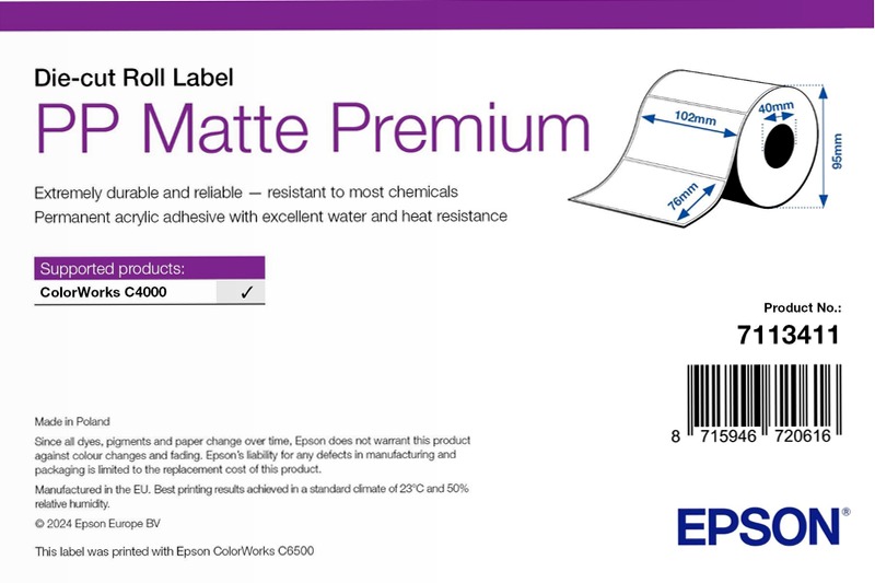PP Matte Label Premium, Die-cut Roll, 102mm x 76mm, 365 Labels