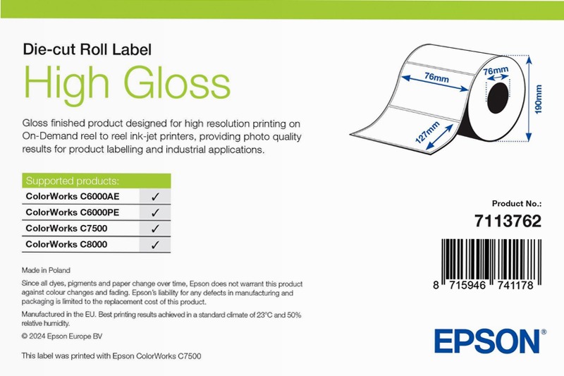 High Gloss Label, Die-Cut Roll, 76mm x 127mm, 960 Labels