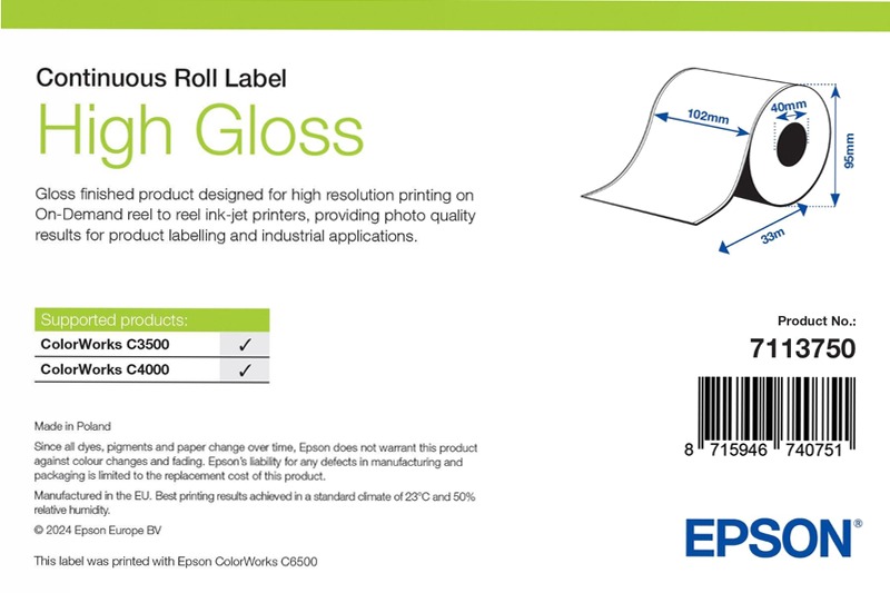High Gloss Label, Continuous Roll, 102mm x 33m