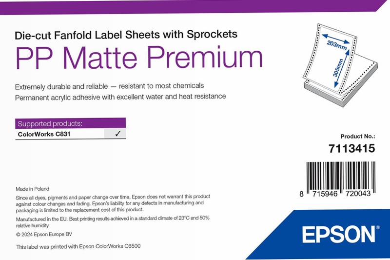 PP Matte Label Premium, Die-cut Fanfold Sheets with Sprockets, 203mm x 152mm, 1000 Labels