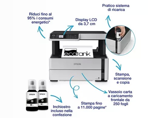 Stampante monocromatica multifunzione A4 Wi-Fi con serbatoi di inchiostro EcoTank ET-M2170 250fogli 39ppm