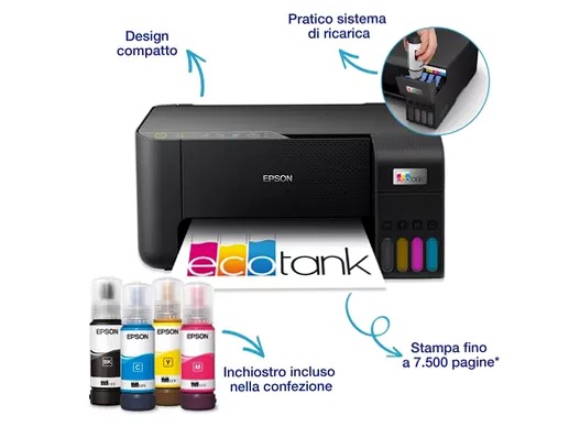 EcoTank ET-2860 stampante multifunzione A4 Wi-Fi con serbatoi di inchiostro, fino a 3 anni di inchiostro inclusi 100fogli 33ppm