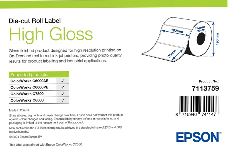 High Gloss Label, Die-Cut Roll, 102mm x 76mm, 1570 Labels