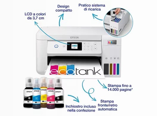 EcoTank ET-2856 stampante multifunzione A4 Wi-Fi con serbatoi di inchiostro, fino a 3 anni di inchiostro inclusi 100fogli 33ppm