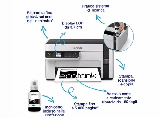 Stampante monocromatica multifunzione A4 Wi-Fi con serbatoi di inchiostro EcoTank ET-M2120 150fogli 32ppm