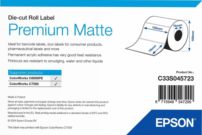 Premium Matte Label - Die-cut Roll: 102mm x 76mm, 1570 labels