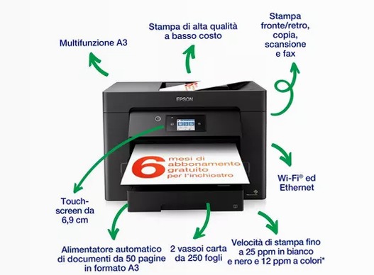 Stampante inkjet wireless multifunzione A3 WorkForce WF-7830DTWF con inchiostro gratuito per 3 mesi e abbonamento ReadyPrint* 500fogli 32ppm