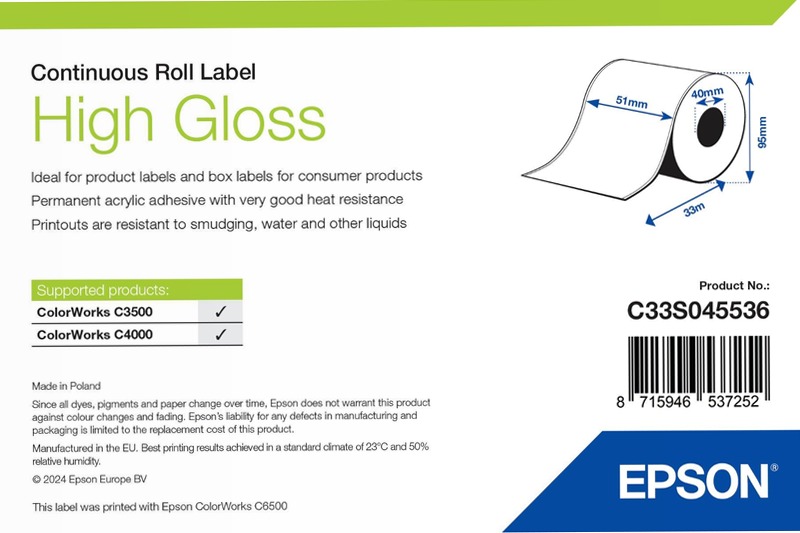 High Gloss Label - Continuous Roll: 51mm x 33m