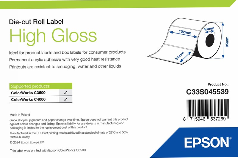 High Gloss Label - Die-cut Roll: 102mm x 51mm, 610 labels