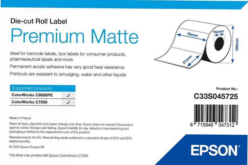 Premium Matte Label - Die-cut Roll: 76mm x 51mm, 2310 labels
