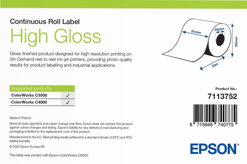 High Gloss Label, Continuous Roll, 51mm x 33m
