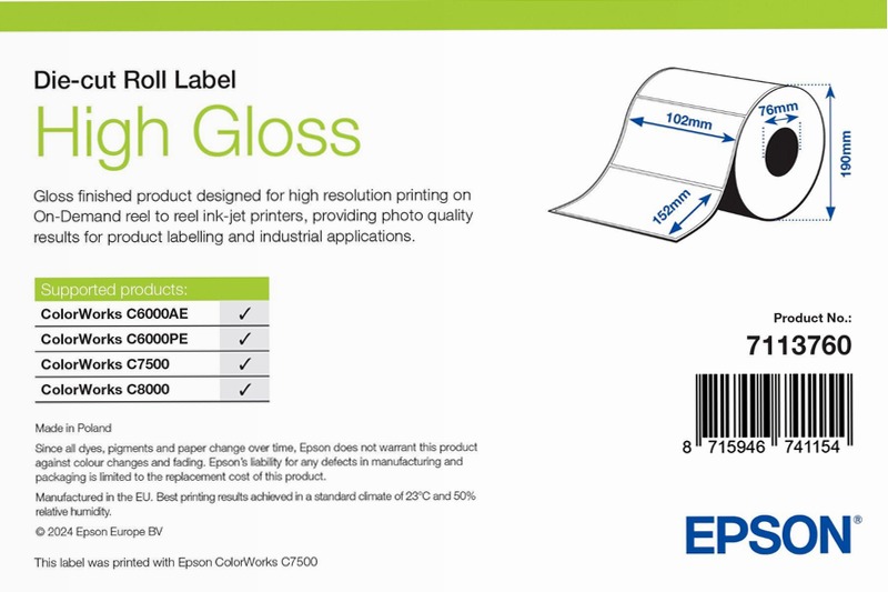 High Gloss Label, Die-Cut Roll, 102mm x 152mm, 800 Labels