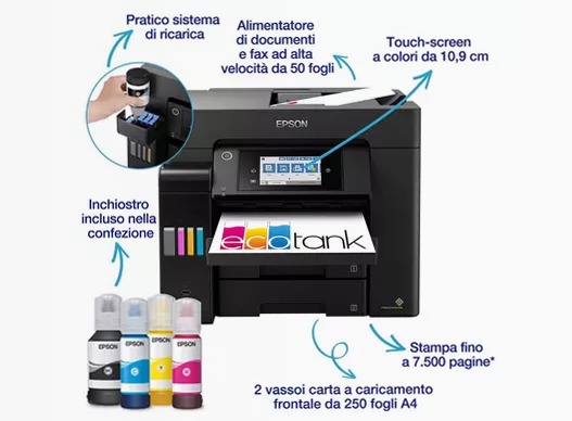 Stampante multifunzione A4 Wi-Fi con serbatoi di inchiostro e fax EcoTank ET-5850 550fogli 32ppm