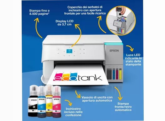 EcoTank ET-2956 Stampante multifunzione bianca A4 Wi-Fi con serbatoi di inchiostro, fino a 3 anni di inchiostro inclusi 100fogli 33ppm