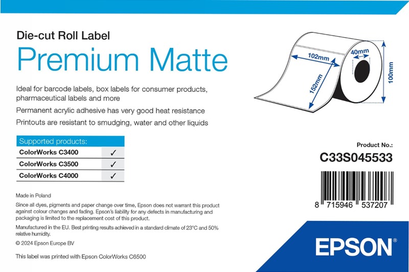 Premium Matte Label - Die-cut Roll: 102mm x 152mm, 225 labels