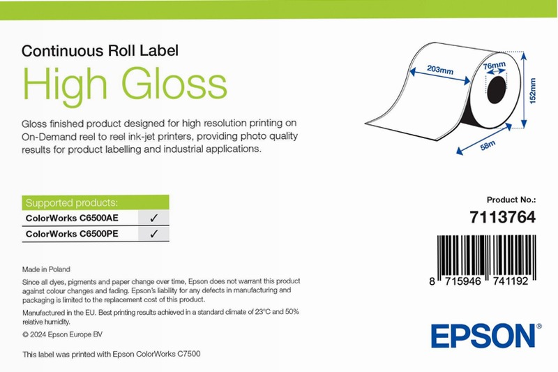 High Gloss Label, Continuous Roll, 203mm x 60m