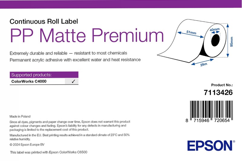 PP Matte Label Premium, Continuous Roll, 51mm x 29m